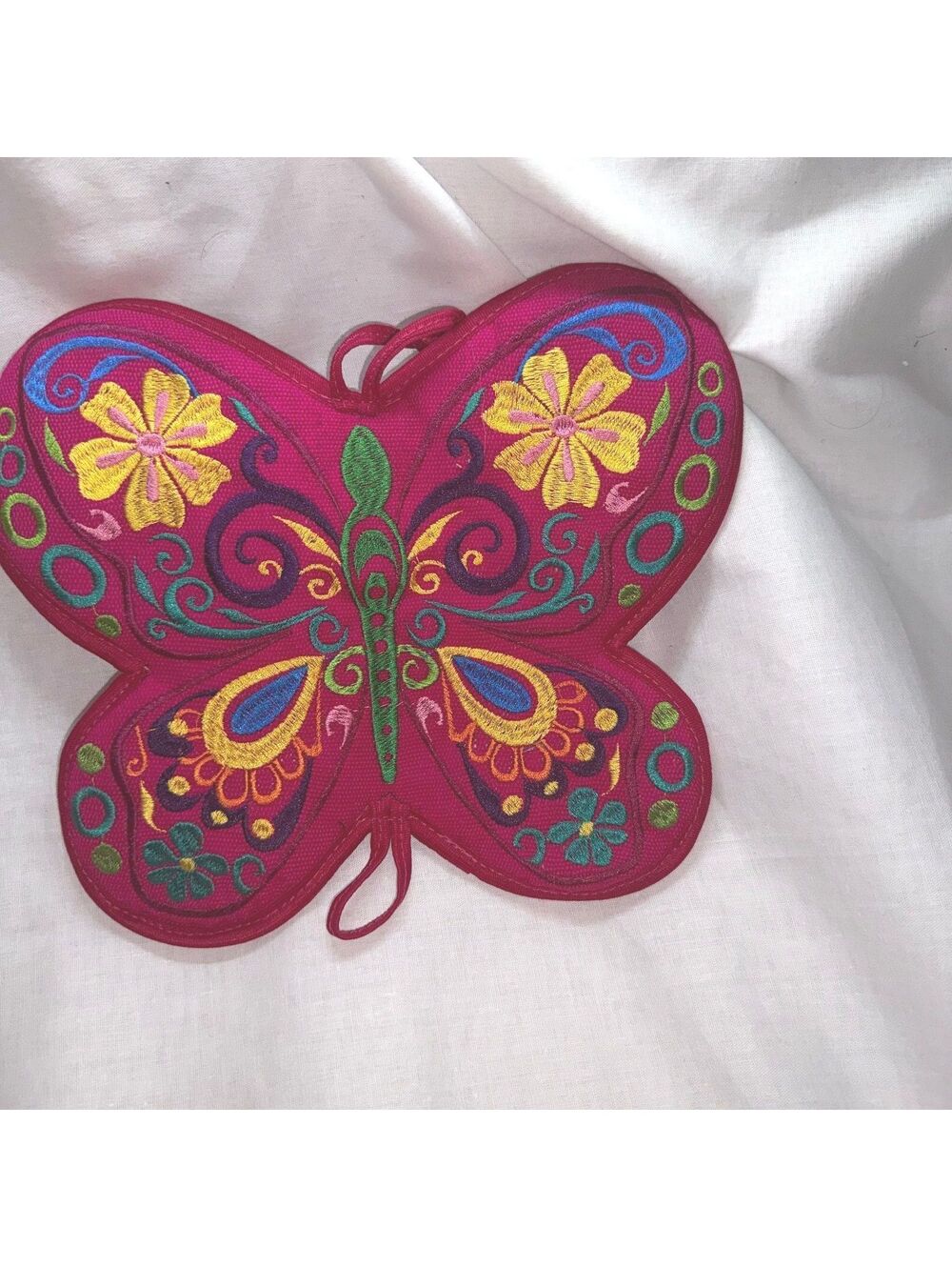 Guatemala Embroidered Butterfly Pot Holder Hot Pad Trivet Colorful Folk Art